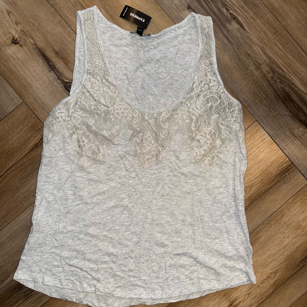 Express Light Gray Lace Tank Top